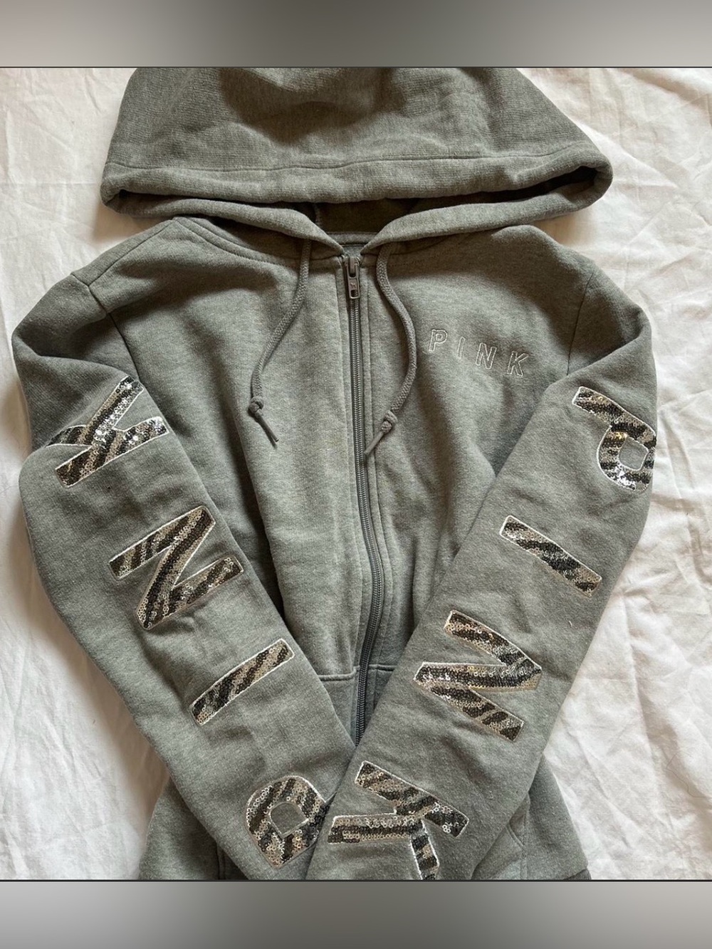 PINK Victoria's Secret Olive Green Zip-Up Hoodie with Sequin Logo